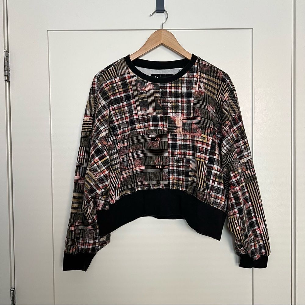 Adidas Her Studio London Sweatshirt Size M Cropped Boxy Plaid AthleticโSweater
